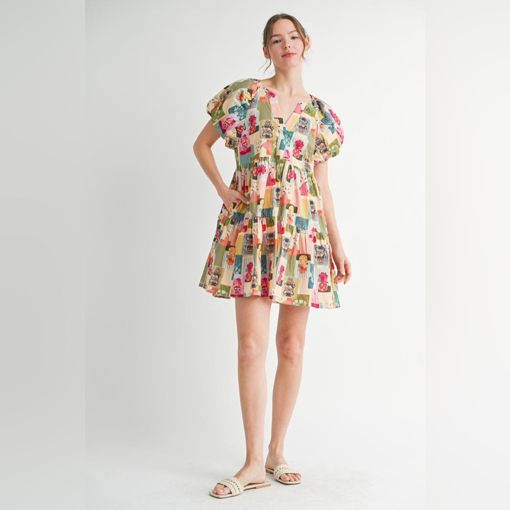 #51 Firm Patchwork Floral Babydoll Dress in Cream, Green & Pink - Picture 3 of 3